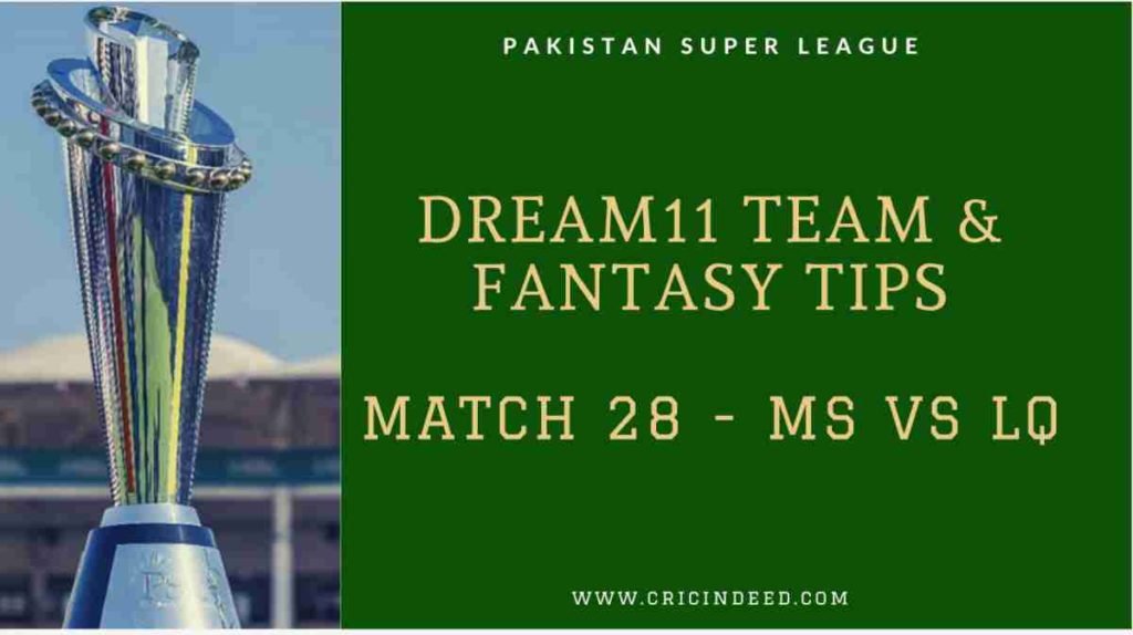 Dream11 Prediction MS vs LQ Match 28 of PSL 2021