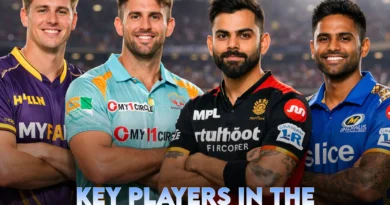 Key players in the IPL 2026 featuring stars from KKR, LSG, RCB, and MI posing together in a packed cricket stadium.