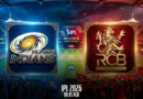 IPL 2026 match between Mumbai Indians (MI) and Royal Challengers Bangalore (RCB), with their respective team logos displayed. The image shows a lively stadium with fans holding flags, and the match details 'IPL 2026 - MI vs RCB' at the bottom.