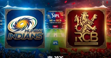 IPL 2026 match between Mumbai Indians (MI) and Royal Challengers Bangalore (RCB), with their respective team logos displayed. The image shows a lively stadium with fans holding flags, and the match details 'IPL 2026 - MI vs RCB' at the bottom.