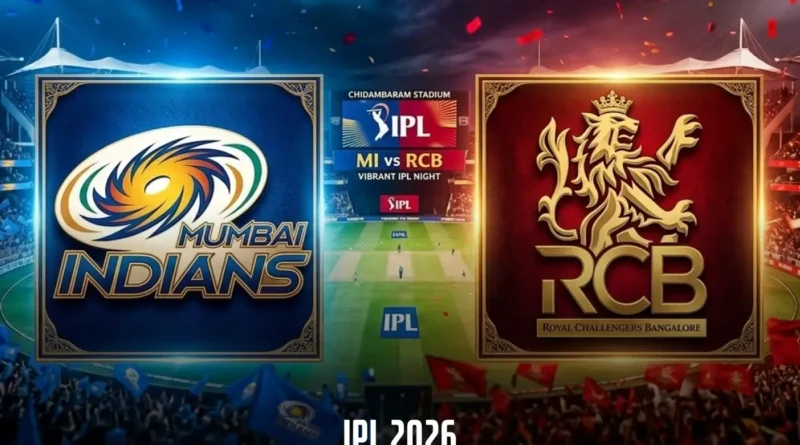 IPL 2026 match between Mumbai Indians (MI) and Royal Challengers Bangalore (RCB), with their respective team logos displayed. The image shows a lively stadium with fans holding flags, and the match details 'IPL 2026 - MI vs RCB' at the bottom.
