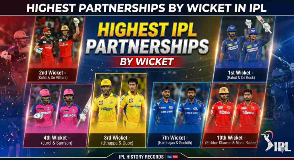A professional sports infographic titled "Highest IPL Partnerships by Wicket" featuring various player pairs like Kohli and De Villiers, Rahul and De Kock, and others representing different wicket records in the IPL.
