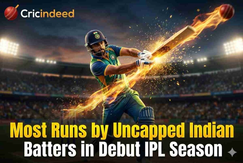 A dynamic, explosive photograph of a male cricketer wearing an Indian flag helmet and a blue and yellow uniform, powerfully hitting a cricket ball that creates a trail of fire and sparks in a packed stadium at dusk. The Cricindeed logo is visible at the top left, and the text "Most Runs by Uncapped Indian Batters in Debut IPL Season" is in a bold title at the bottom.
