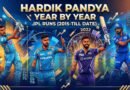 A statistical cover image illustrating Hardik Pandya's IPL career journey from 2015 to the present day, showing his run-scoring evolution across different seasons while playing for Mumbai Indians and Gujarat Titans.