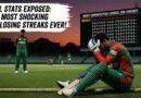 A dejected cricket player in green and red Bangladesh attire sits on the boundary rope of a large cricket stadium at dusk, head in his hands, after a defeat. A stadium scoreboard behind him shows "MOST CONSECUTIVE LOSSES: ODI CRICKET" with a long, repetitive list of consecutive "L" (for Loss) results. Large text on the left in a stylized painted box reads "FULL STATS EXPOSED: THE MOST SHOCKING ODI LOSING STREAKS EVER!". Other defeated-looking players are scattered in the background.