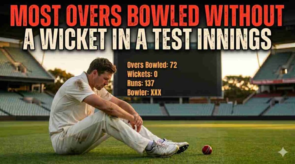 Infographic for 'Most Overs Bowled Without a Wicket in a Test Innings'. A dejected cricketer sits on the pitch with a scoreboard showing the record stats (72-0-137)