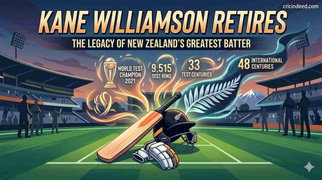 An illustrated graphic celebrating the retirement of Kane Williamson, showing a cricket bat, a New Zealand cricket helmet, and a silver fern. The background displays his career statistics, including 9,515 Test runs, 33 Test centuries, 48 international centuries, and his 2021 World Test Championship victory, with the cricindeed.com logo in the top right corner.