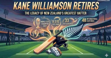 An illustrated graphic celebrating the retirement of Kane Williamson, showing a cricket bat, a New Zealand cricket helmet, and a silver fern. The background displays his career statistics, including 9,515 Test runs, 33 Test centuries, 48 international centuries, and his 2021 World Test Championship victory, with the cricindeed.com logo in the top right corner.